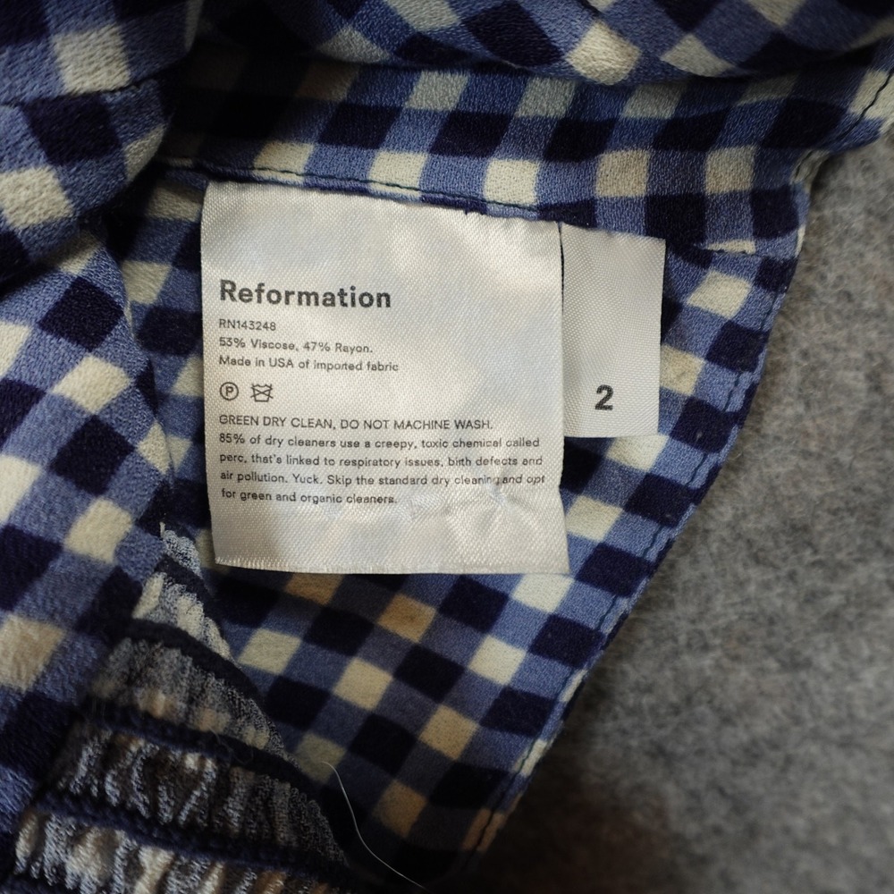 Reformation Top Womens 2 Havana Gingham Check Navy White Ruffle Strap Sweetheart - Picture 6 of 7